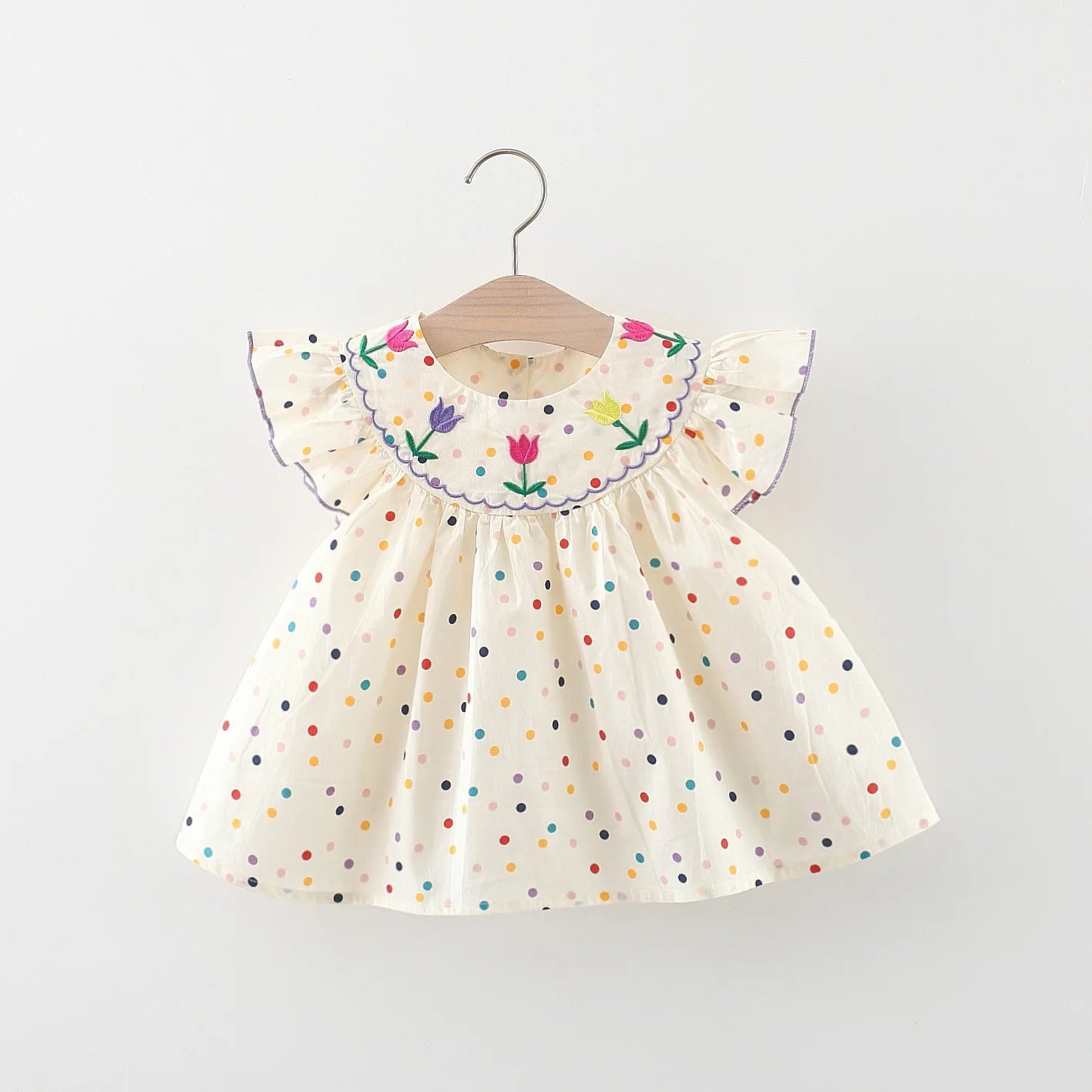 Vestido Bordado De Bolinhas e Tulipa